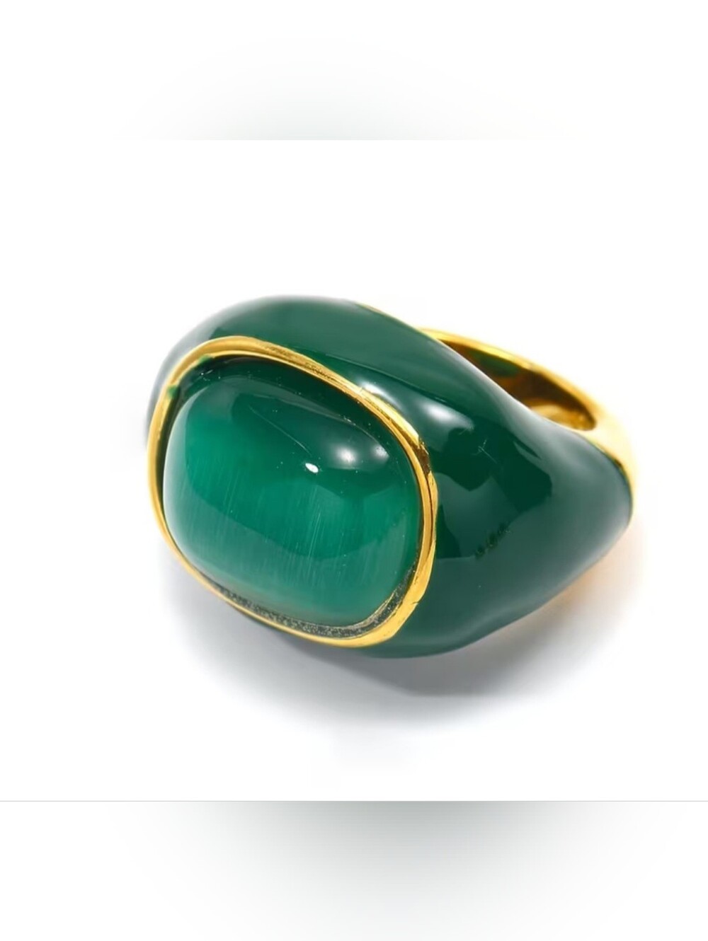 Emerald Green Enamel & Gold-Tone Cabochon Ring